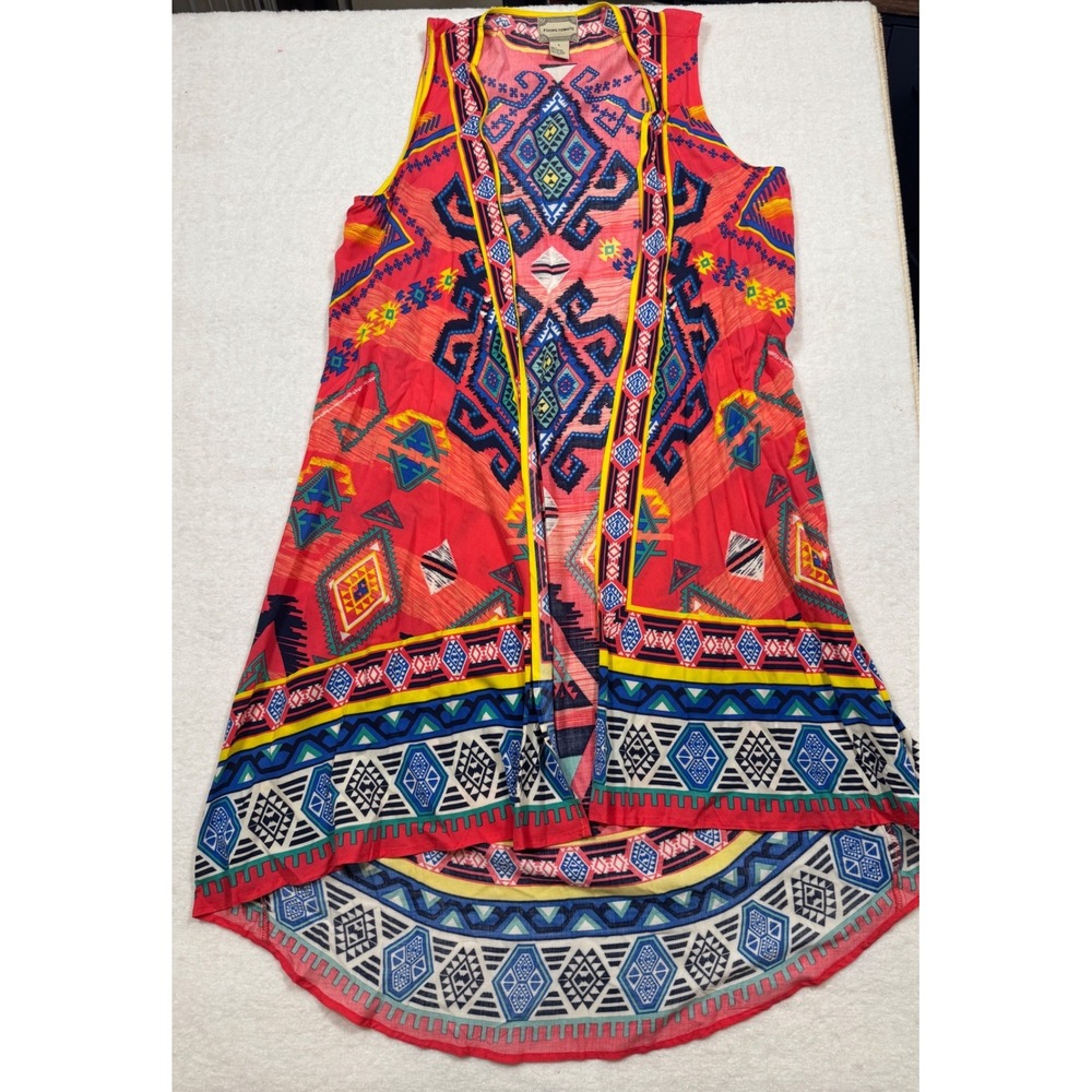 Flying Tomato Womens L Red Southwestern Geometric Open Front Duster Vest Boho